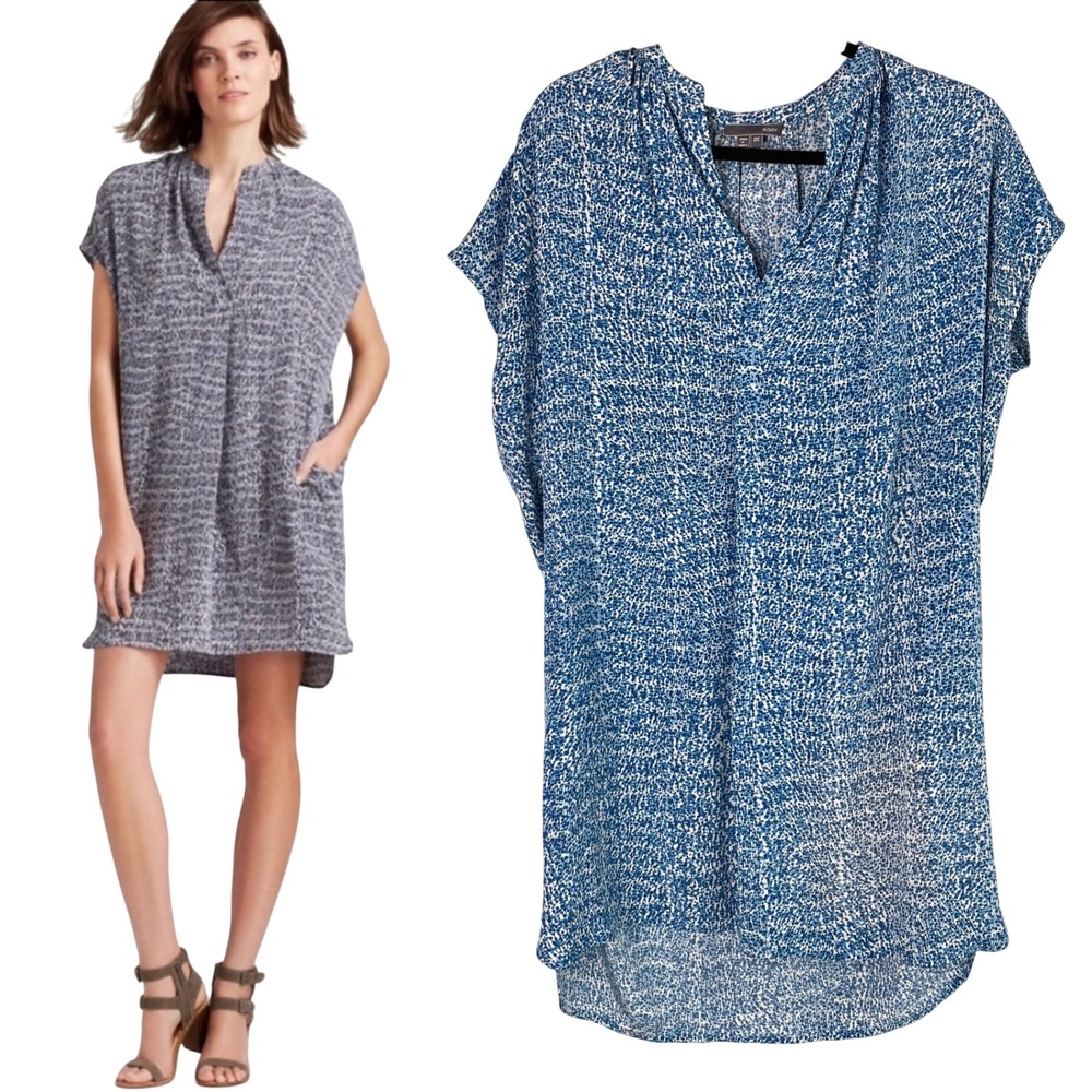 Vince Womens Silk Tunic Dress XS Blue Abstract Print Cap Sleeve Oversized Artsy